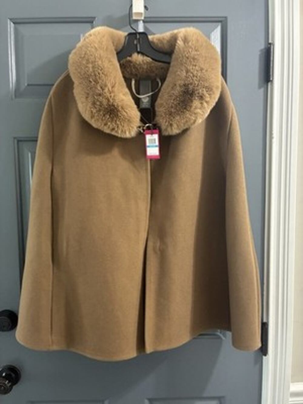 Vince Camuto Faux Fur Trim Cape Coat Poncho Open Front Camel NEW OS